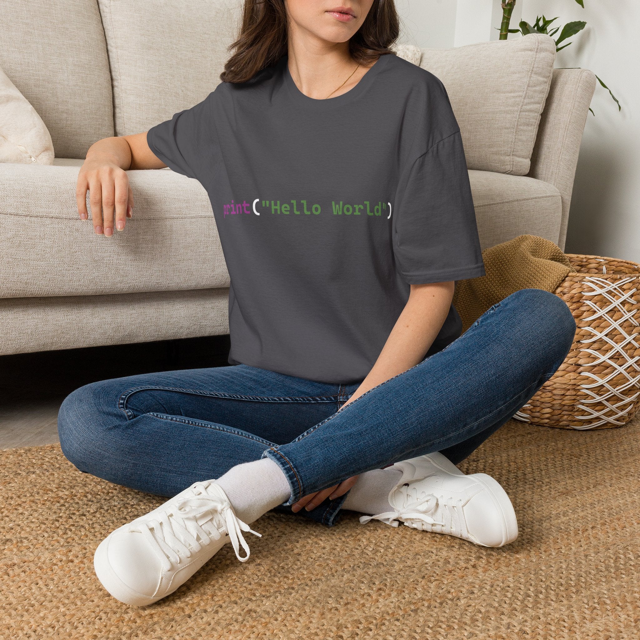 Front: print("Hello World") Back: Hello World Programmer Unisex Softstyle T-Shirt
