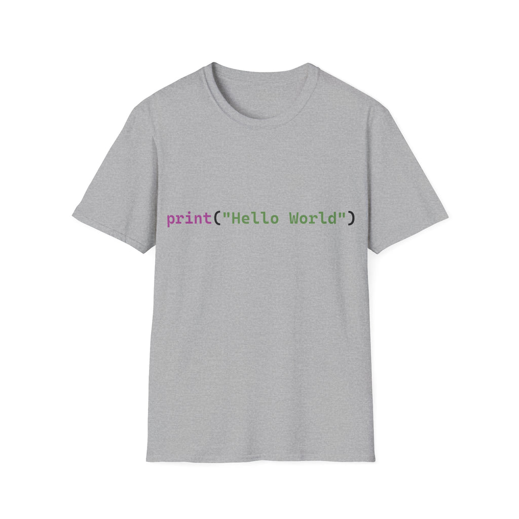 Front: print("Hello World") Back: Hello World Programmer Unisex Softstyle T-Shirt