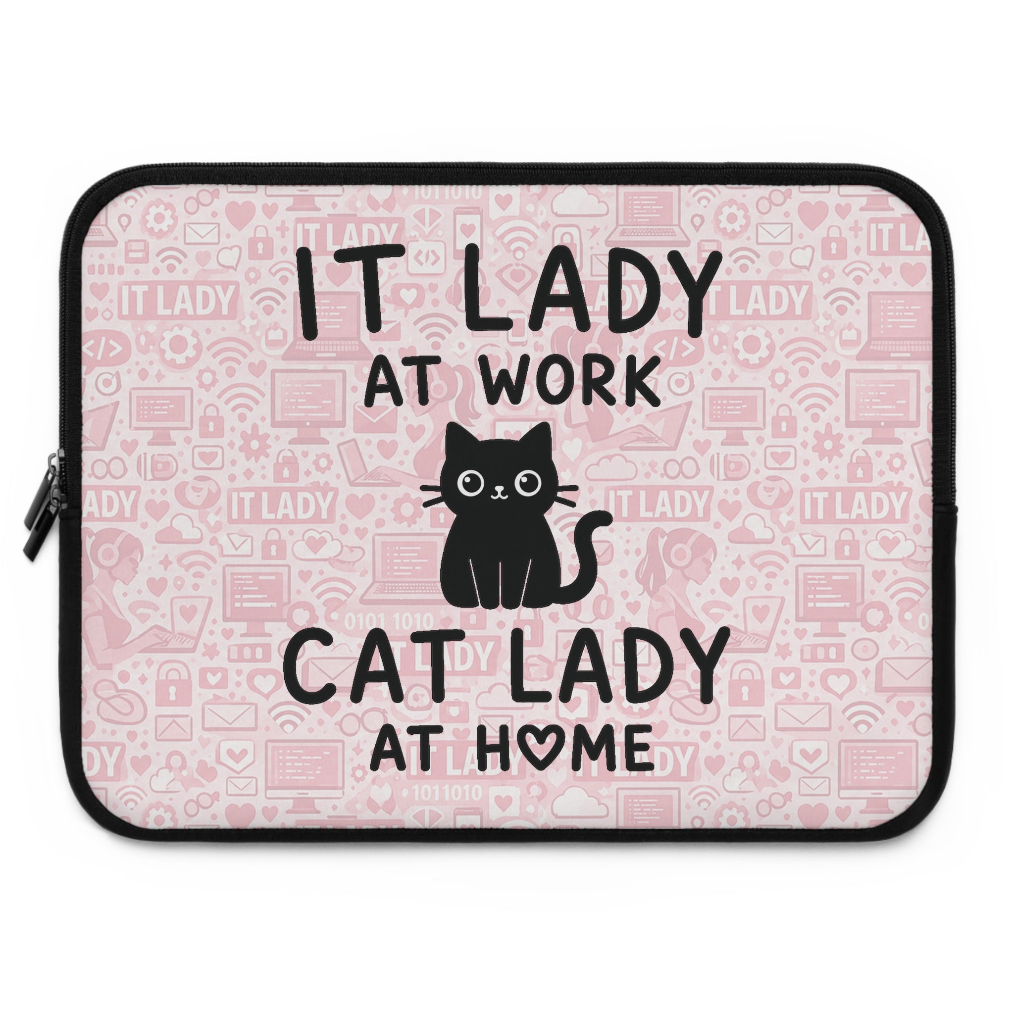 IT Lady at Work / Cat Lady at Home Laptop Sleeve - Cute Pink Cat Tech Accessory