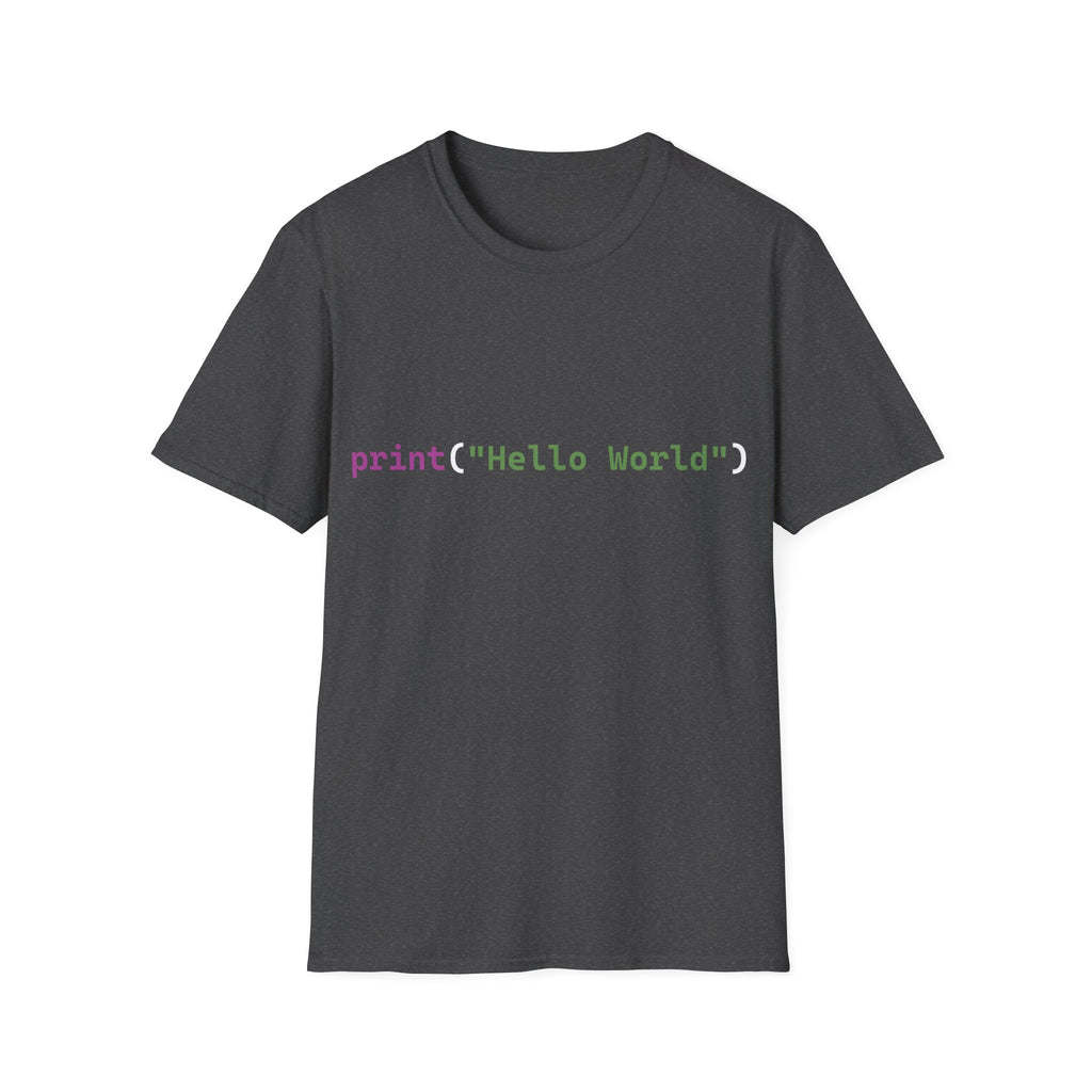 Front: print("Hello World") Back: Hello World Programmer Unisex Softstyle T-Shirt