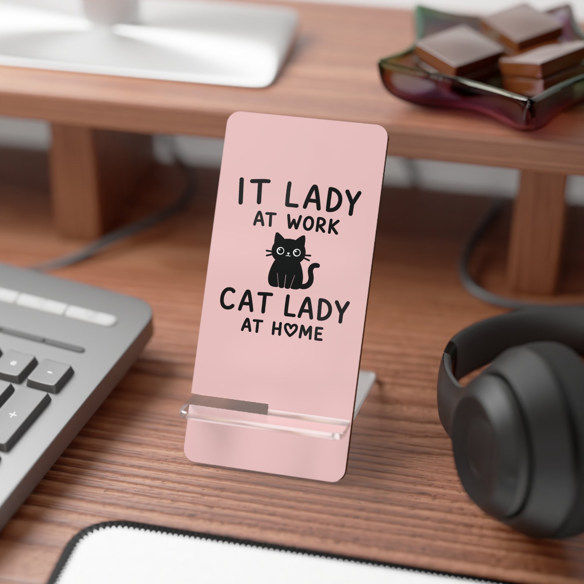 Phone Stand - "IT Lady at Work, Cat Lady at Home" Pink Foldable Mobile Display