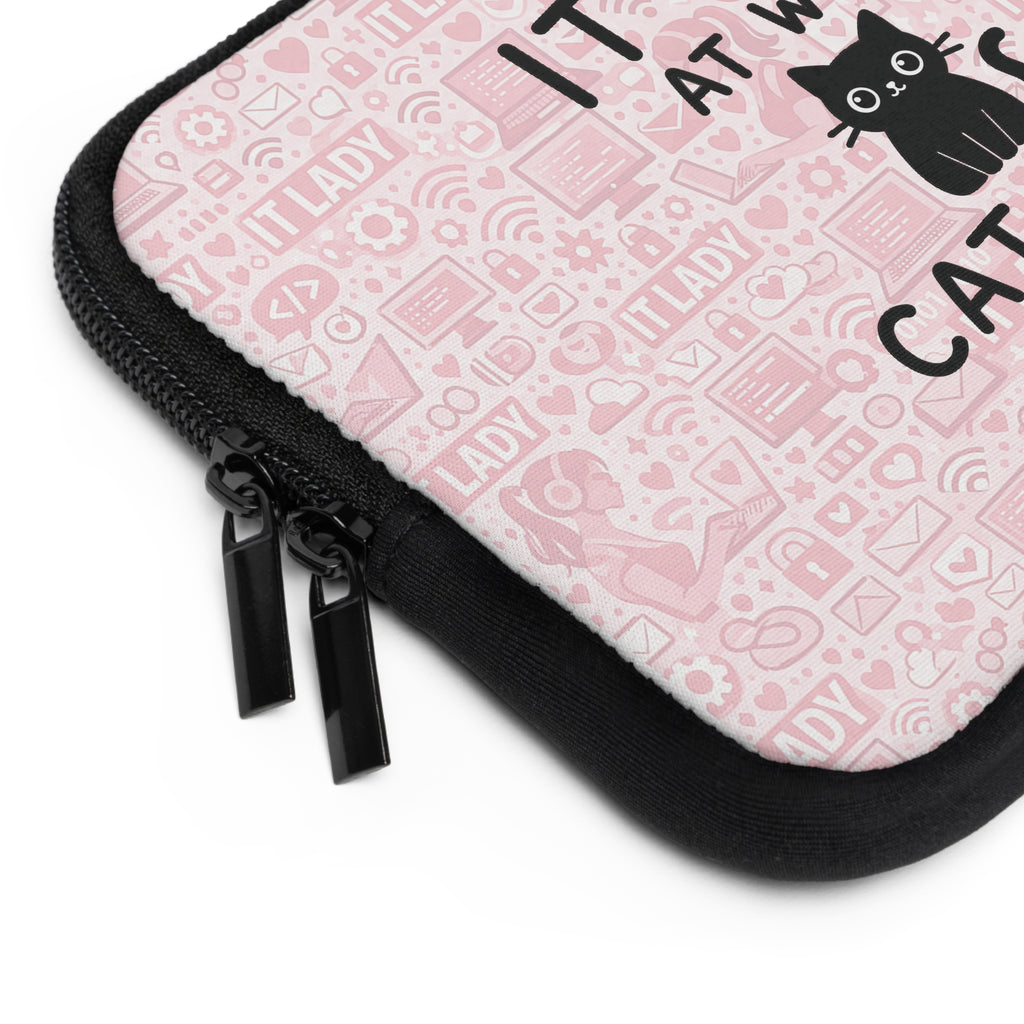IT Lady at Work / Cat Lady at Home Laptop Sleeve - Cute Pink Cat Tech Accessory
