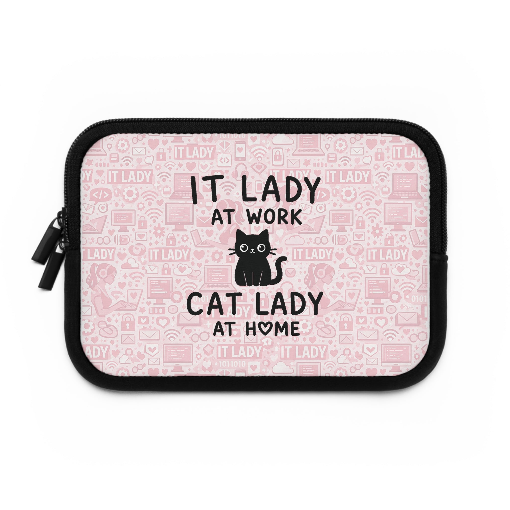 IT Lady at Work / Cat Lady at Home Laptop Sleeve - Cute Pink Cat Tech Accessory