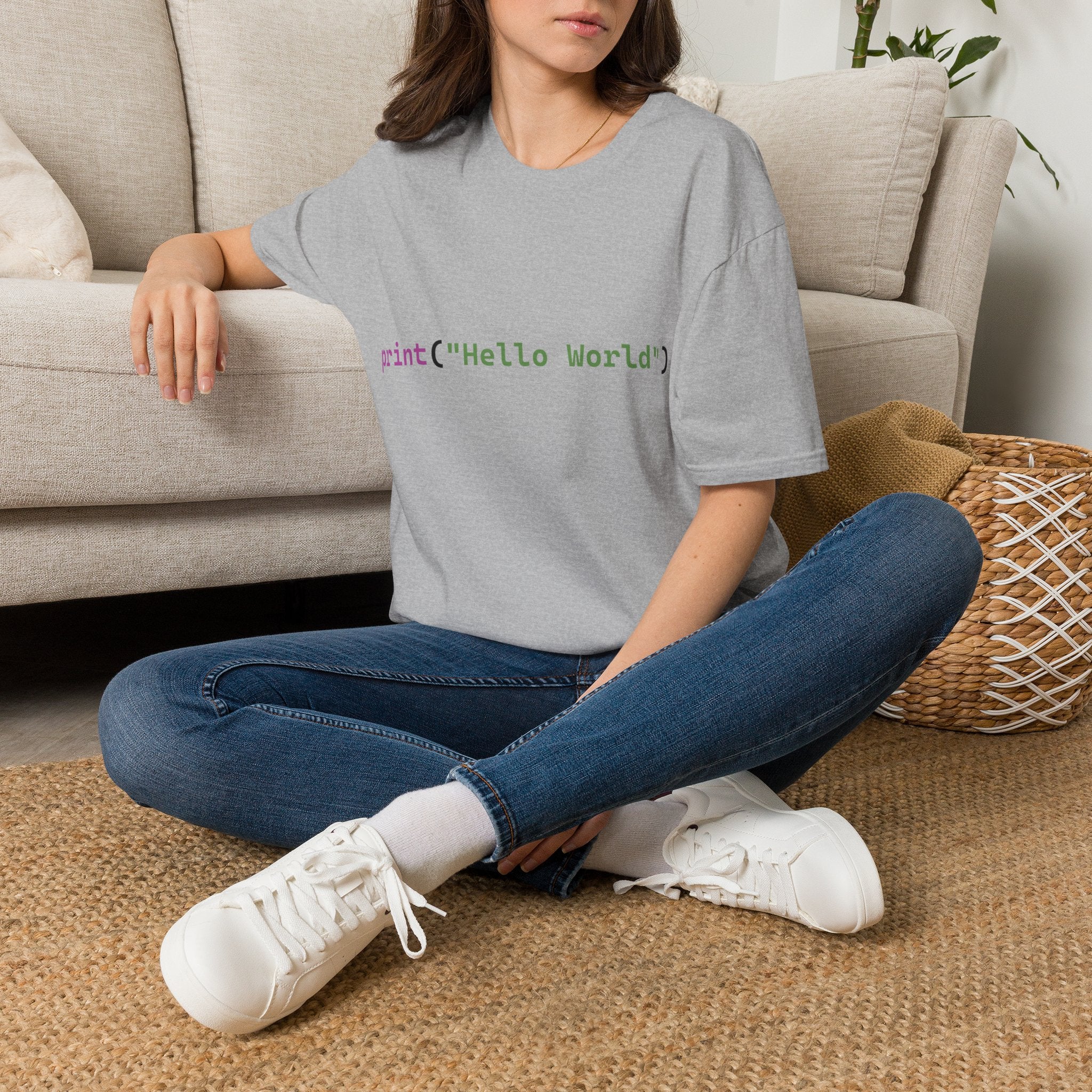 Front: print("Hello World") Back: Hello World Programmer Unisex Softstyle T-Shirt